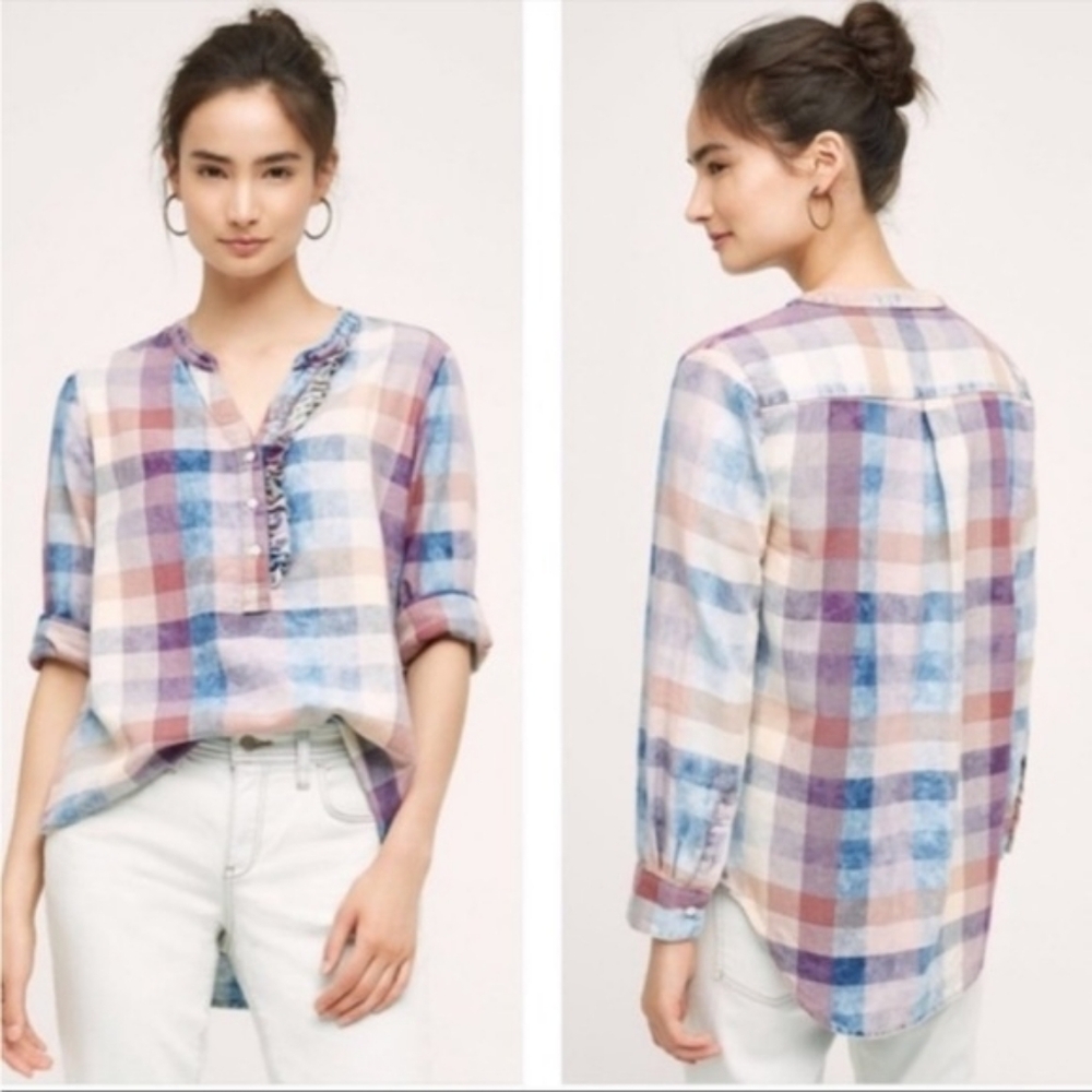 Anthropologie Isabella Sinclair Ruffle Henley Plaid Top Size Medium